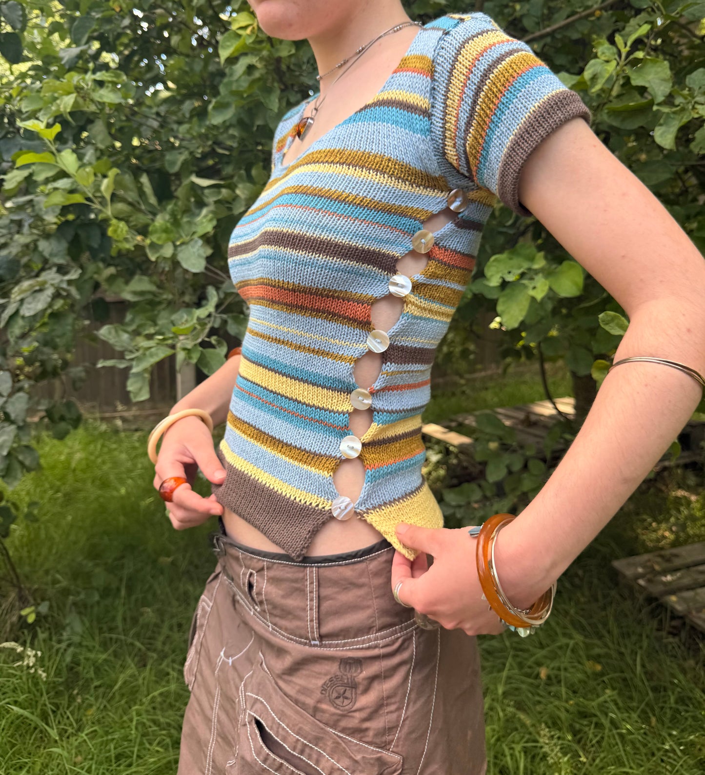 Retro Striped Scoop Neck Pearl Tee (pre made in size S)