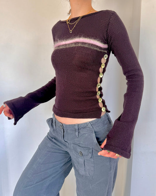 Pearl Long Sleeve in plum purple - handmade striped knit jumper with green mother of pearl buttons
