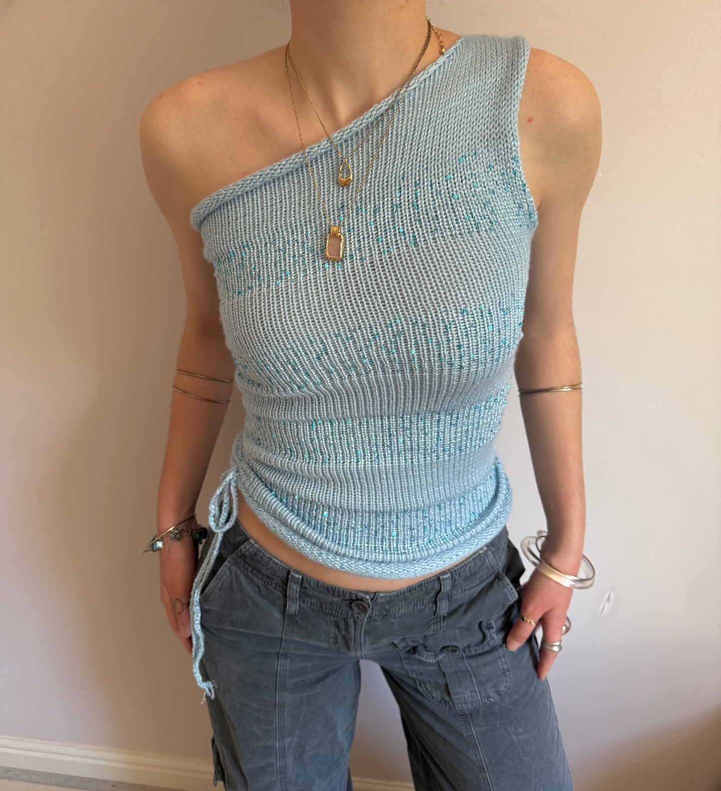 Handmade sparkly draped one shoulder knit top in baby blue (pre made in S)