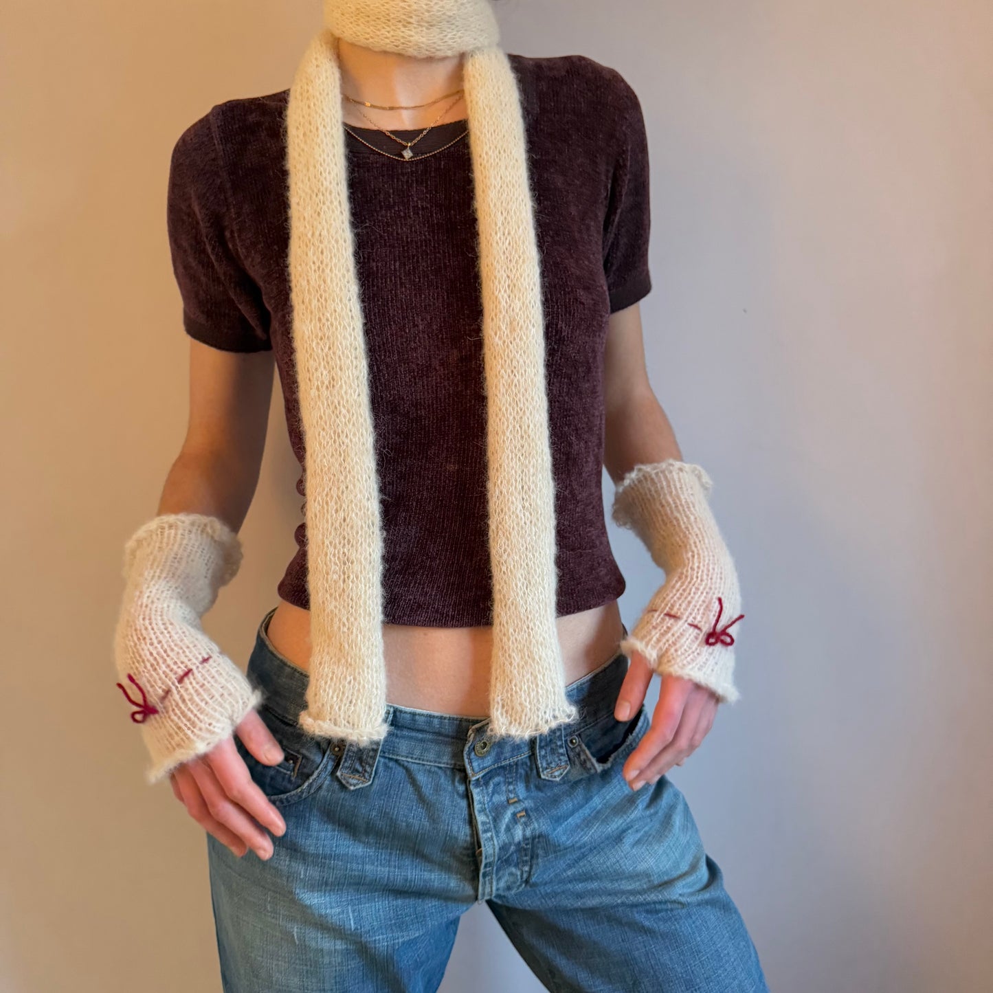 Handmade knitted mohair bow gloves in cream & red - with thumb hole