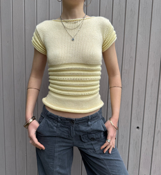 The Ripple Tee in butter yellow - handmade shirred top with puff sleeves (pre made in size S)