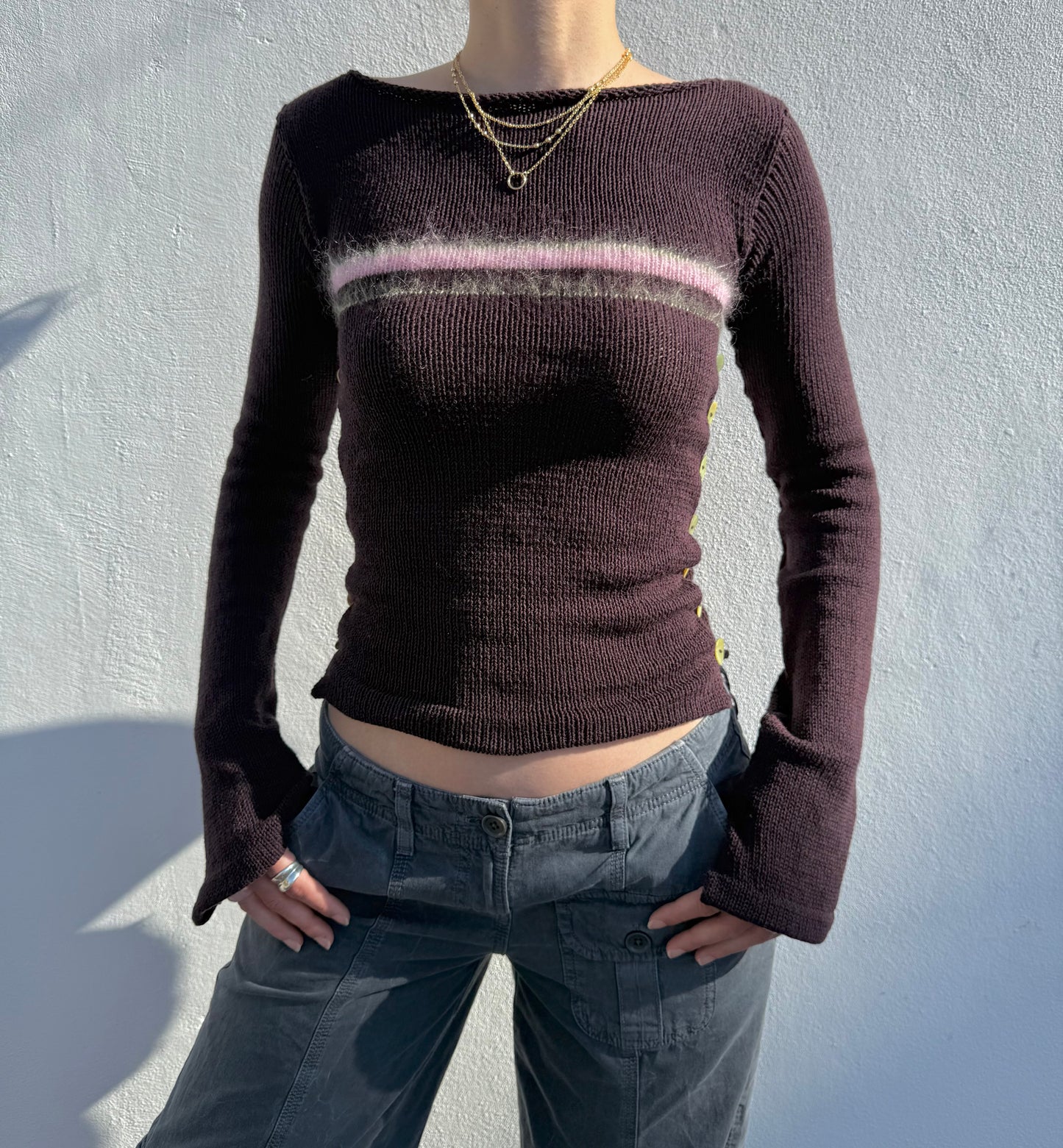 Pearl Long Sleeve in plum purple - handmade striped knit jumper with green mother of pearl buttons