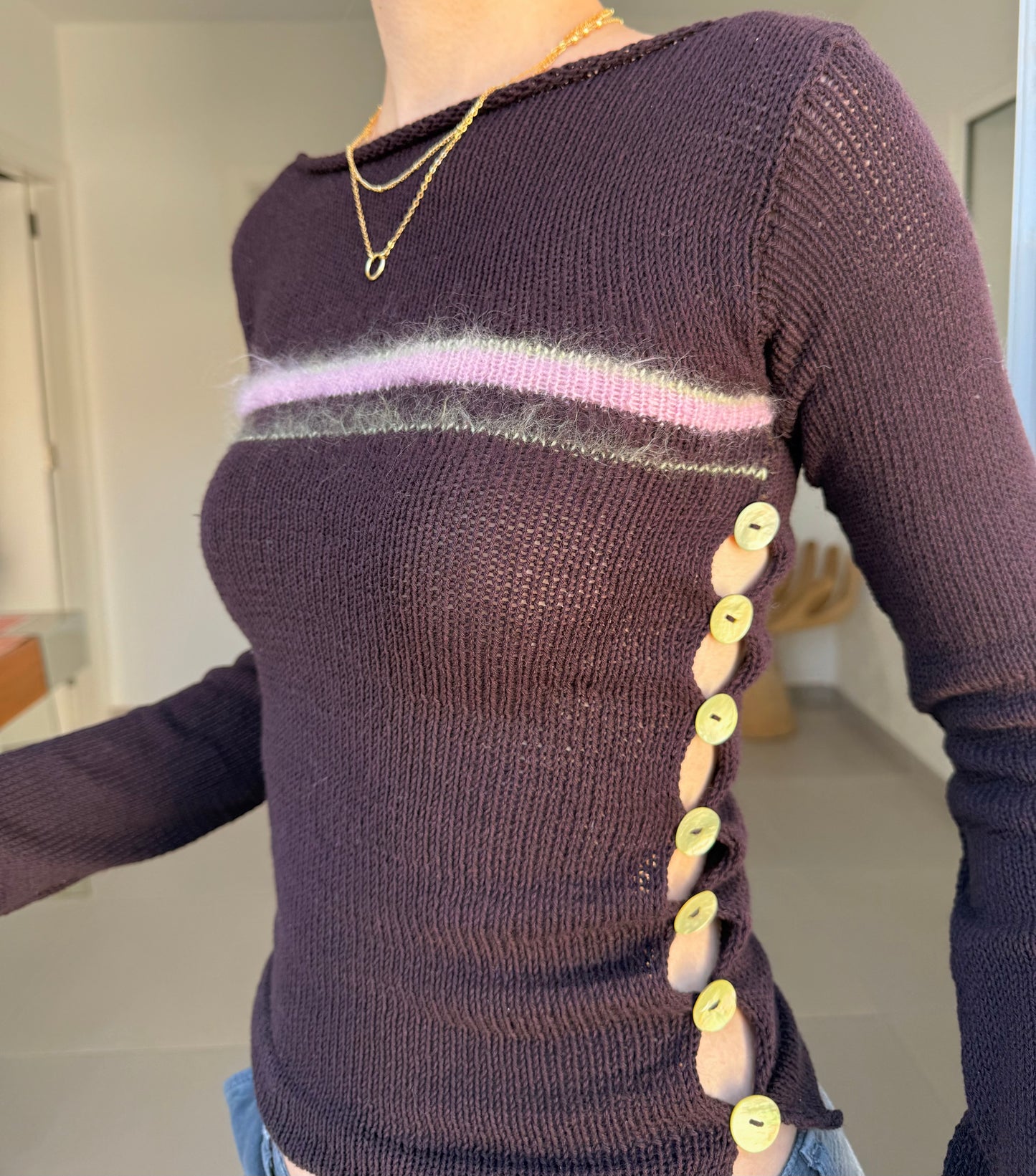Pearl Long Sleeve in plum purple - handmade striped knit jumper with green mother of pearl buttons