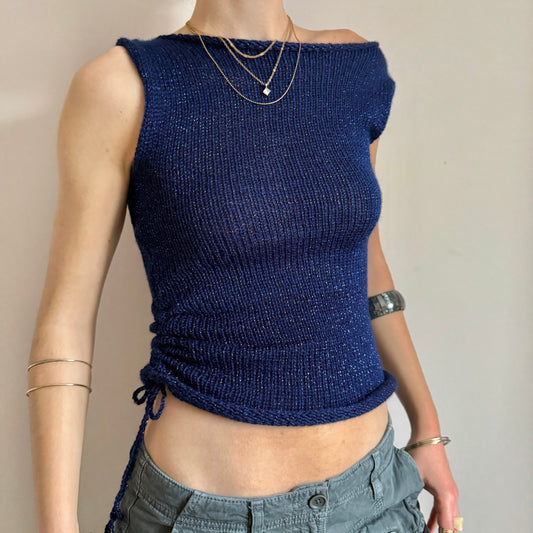 Handmade dark blue metallic ruched knitted vest
