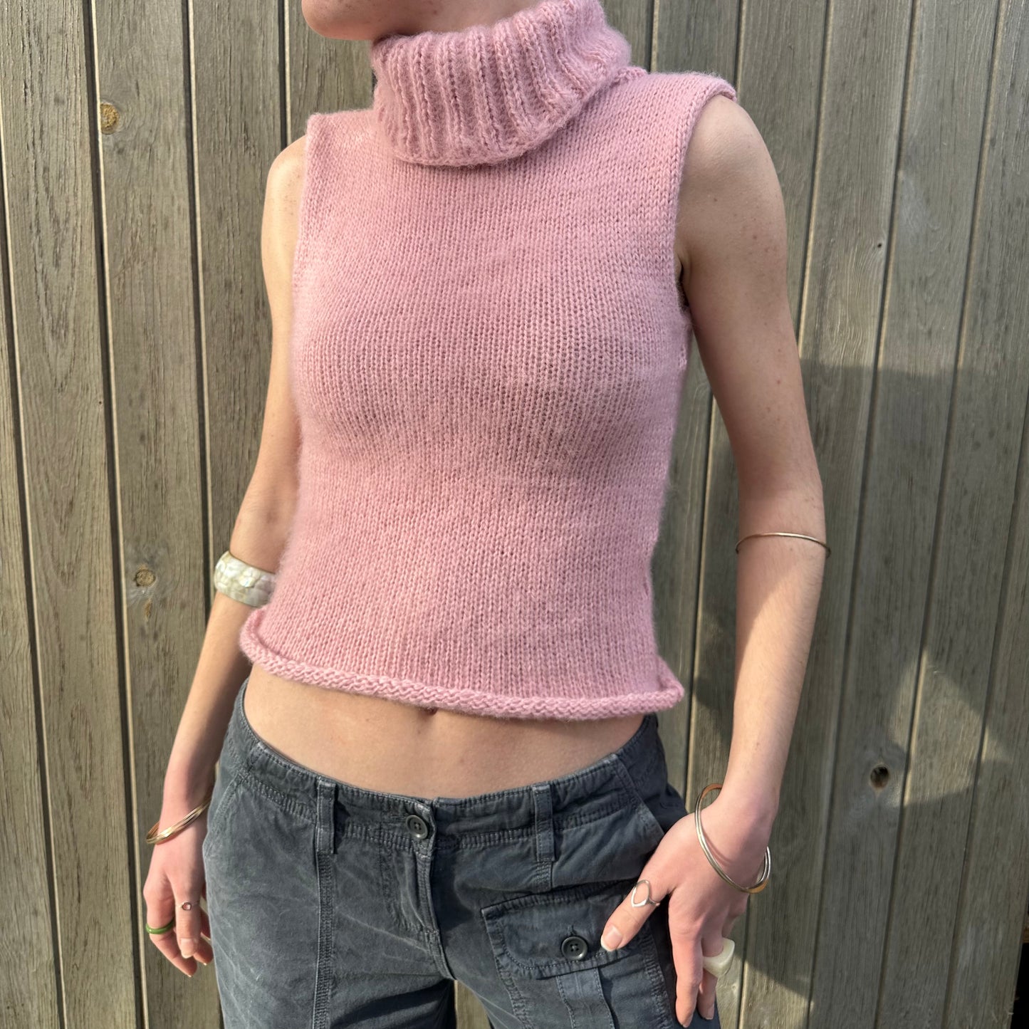 Handmade fluffy baby pink turtleneck knit vest