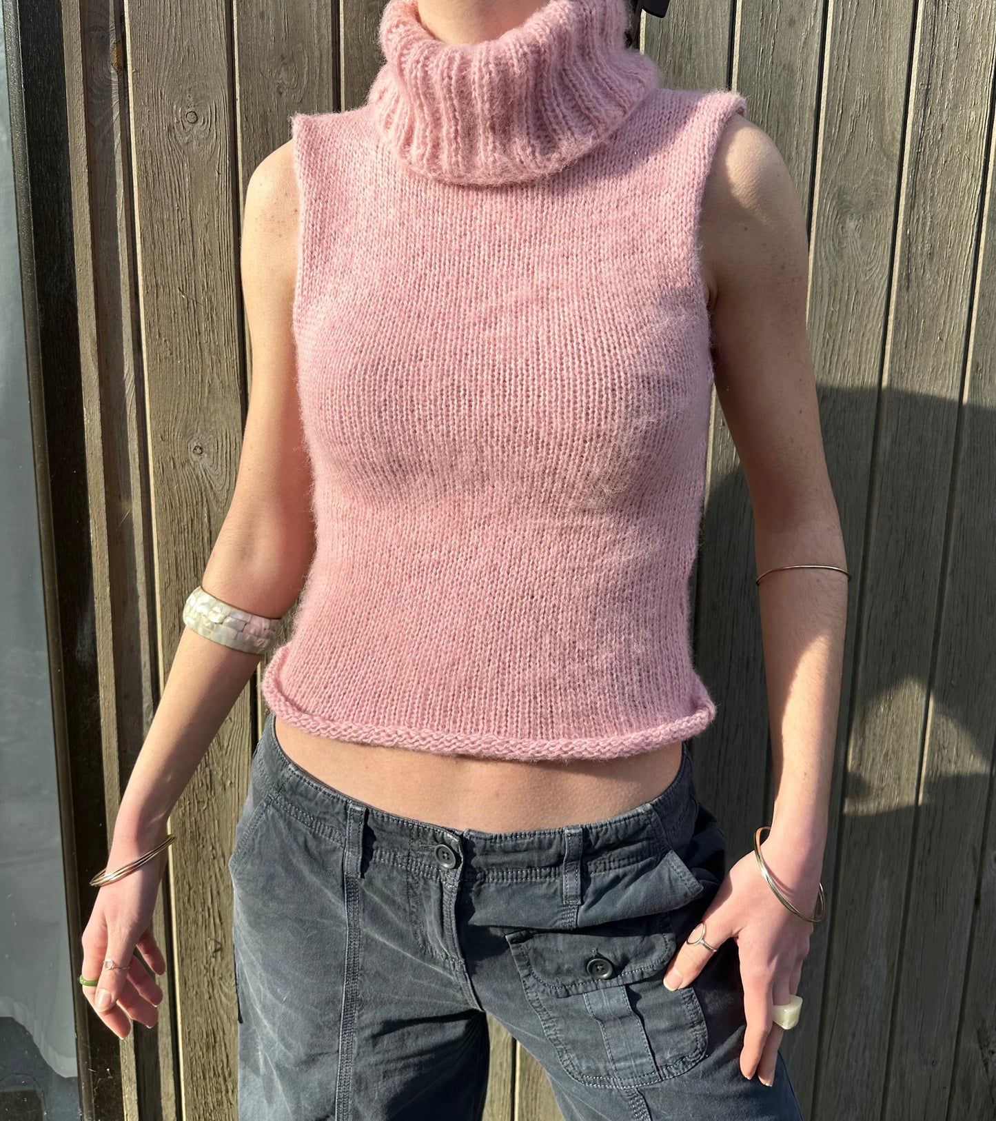 Handmade fluffy baby pink turtleneck knit vest
