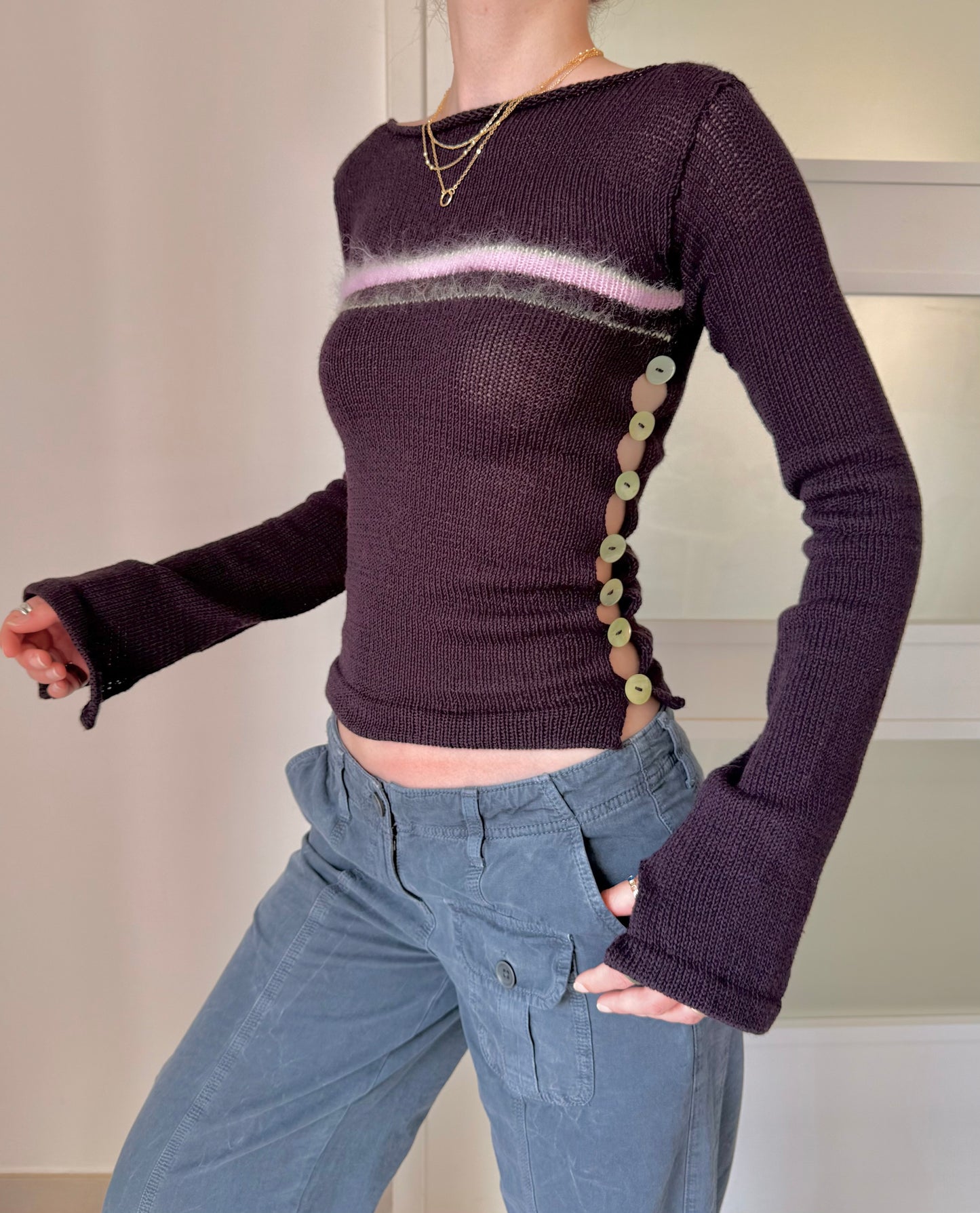 Pearl Long Sleeve in plum purple - handmade striped knit jumper with green mother of pearl buttons