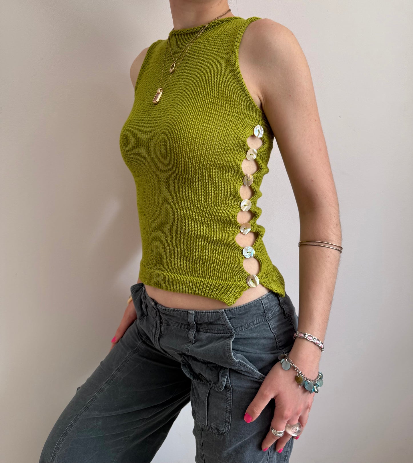 The Pearl Vest in lime green - with mother of pearl buttons