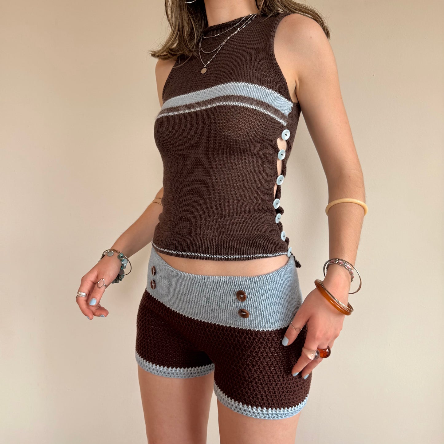 Brown & Baby Blue Button Shorts - limited edition (pre made in S)