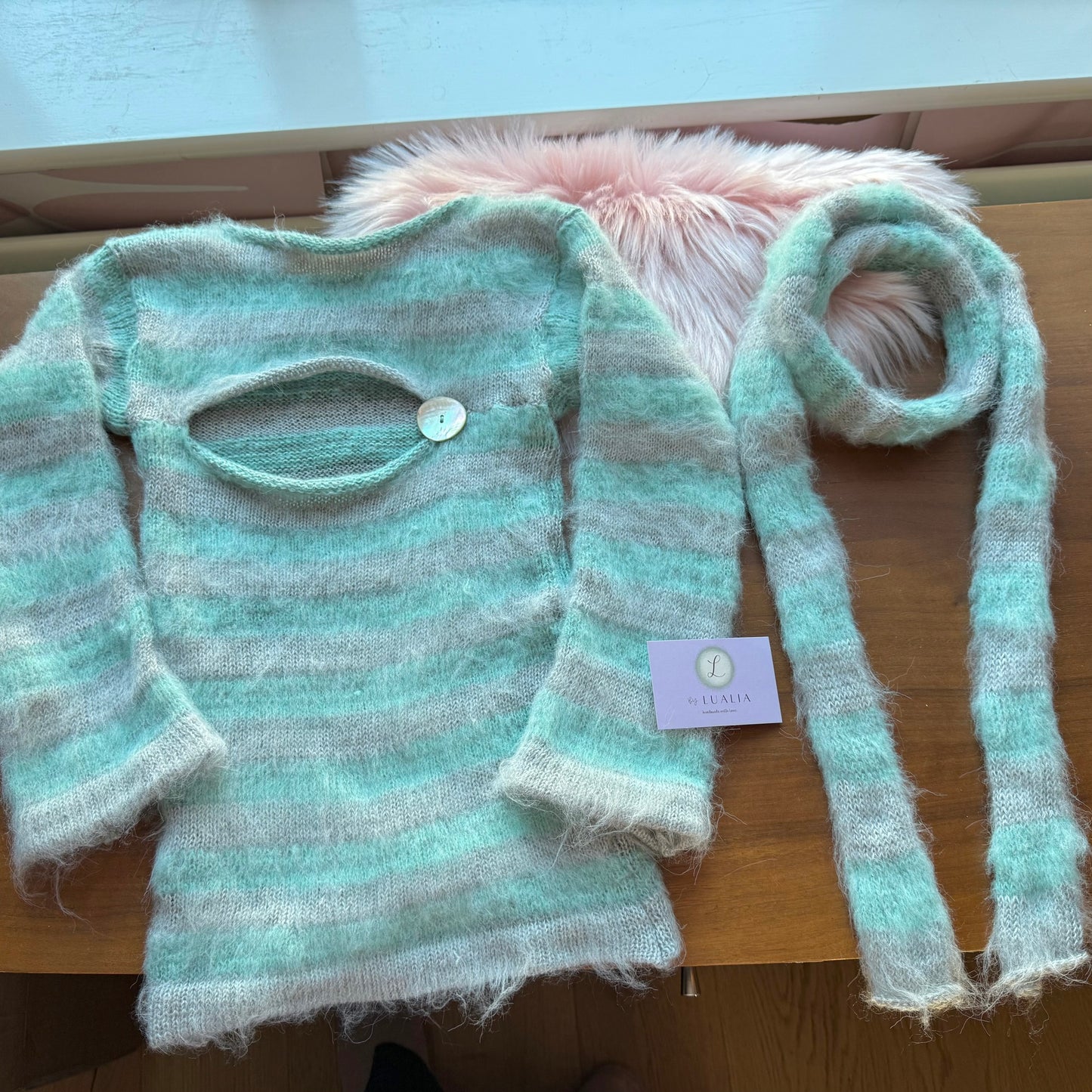 Fluffy striped knit skinny scarf in aqua & grey - pre made