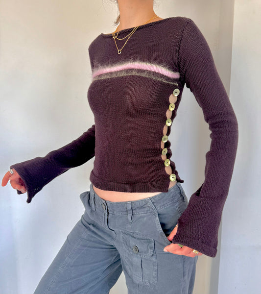 Pearl Long Sleeve in plum purple - handmade striped knit jumper with green mother of pearl buttons