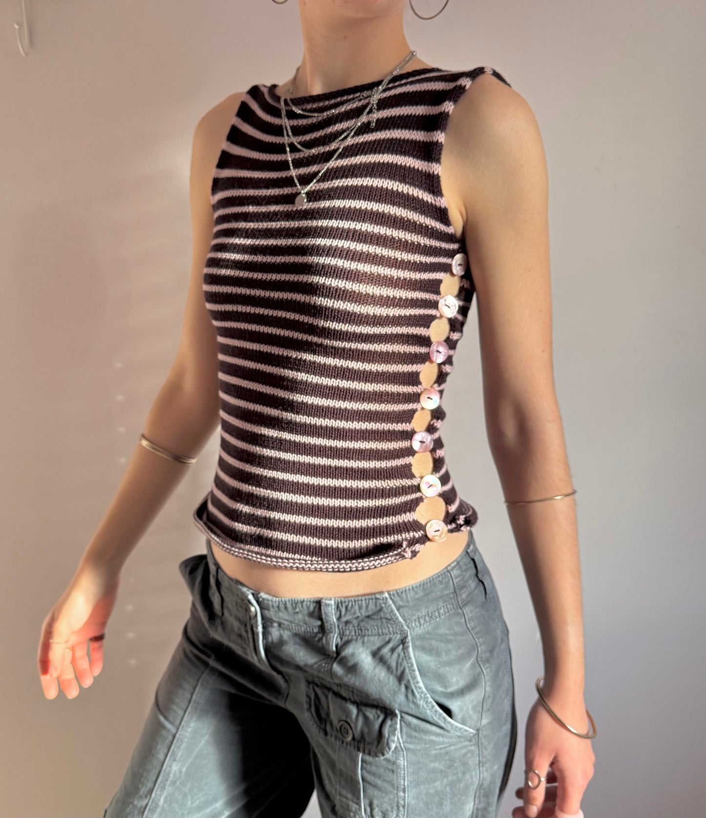 Handmade knitted Pearl Vest - aubergine and dusky pink striped (pre made in size XS).