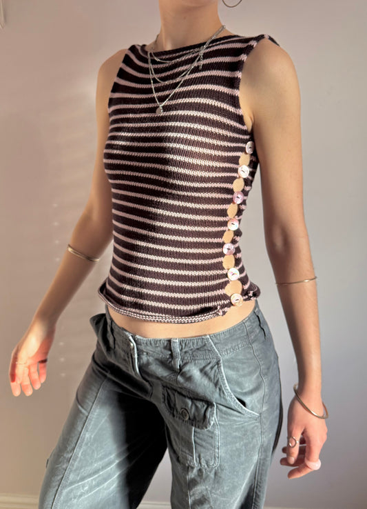Handmade knitted Pearl Vest - aubergine and dusky pink striped (pre made in size XS).