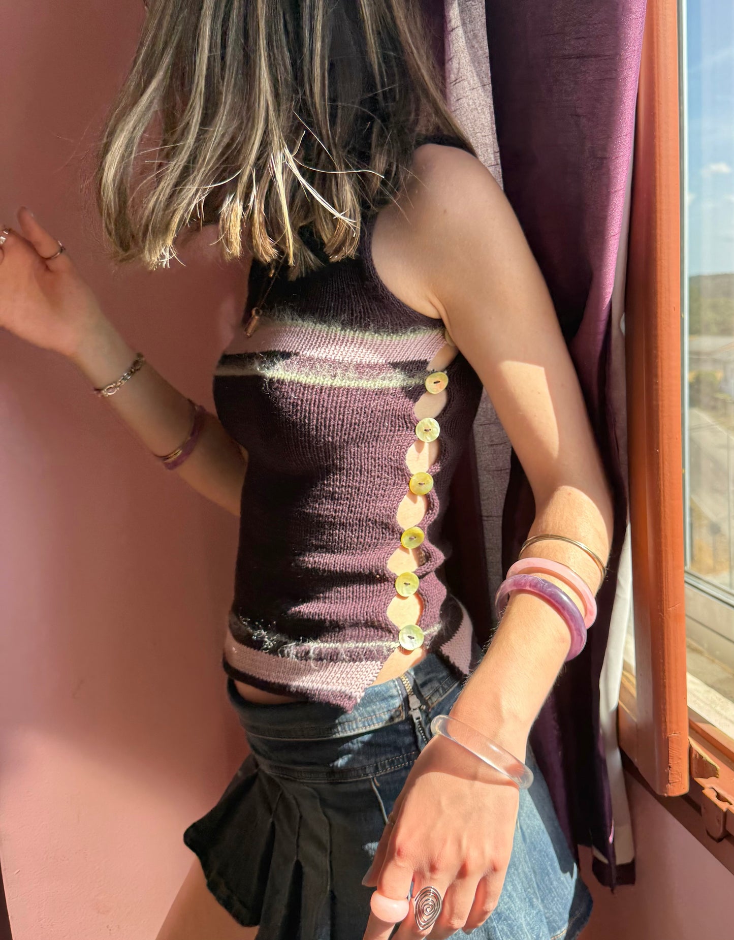 Striped Pearl Vest in plum purple with green mother of pearl buttons (pre made in S)