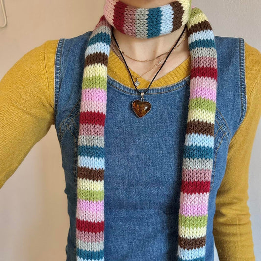 READY BEFORE CHRISTMAS (INTERNATIONAL) - handmade knitted multicoloured striped skinny scarf