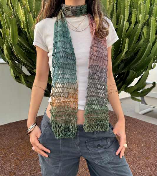 Handmade ombré fishnet knitted scarf in green, brown, blue and yellow