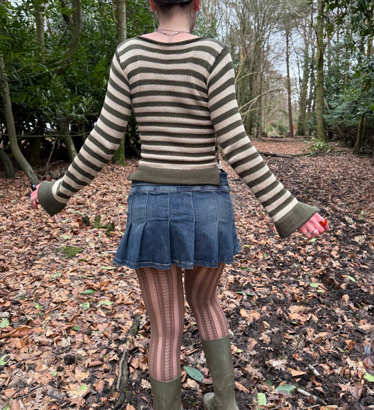 Pearl Long Sleeve in striped khaki & beige - handmade knit jumper with abalone shell buttons
