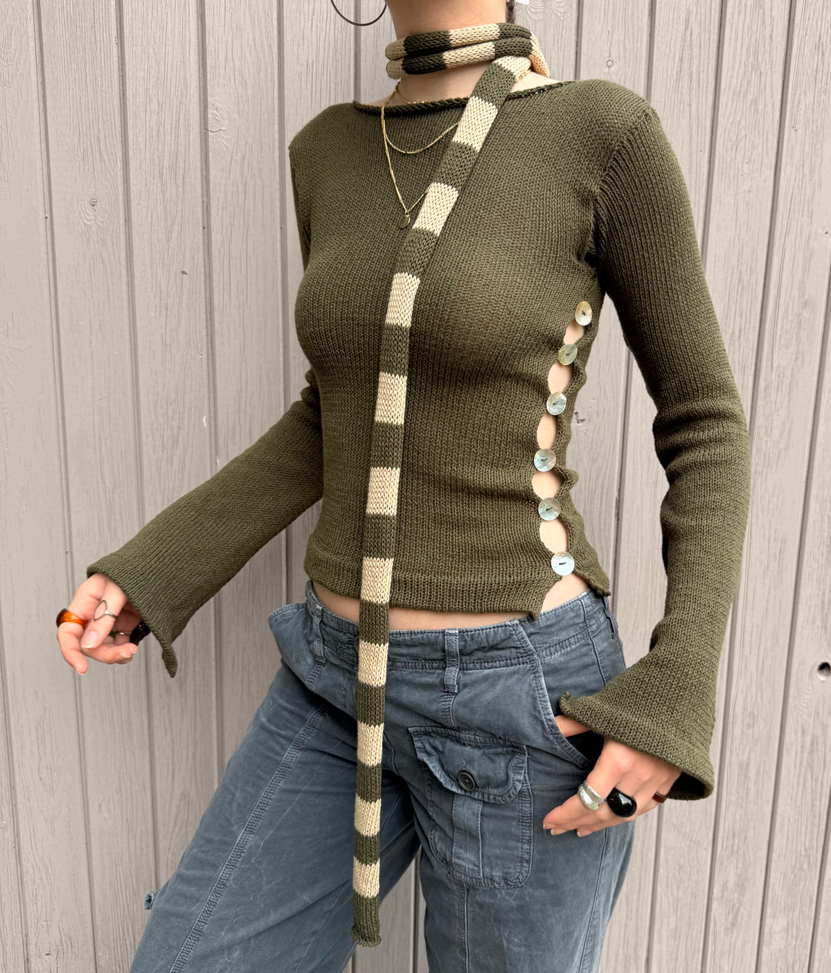 1 of 1 cotton knitted skinny scarf / belt in khaki green & beige (pre made)