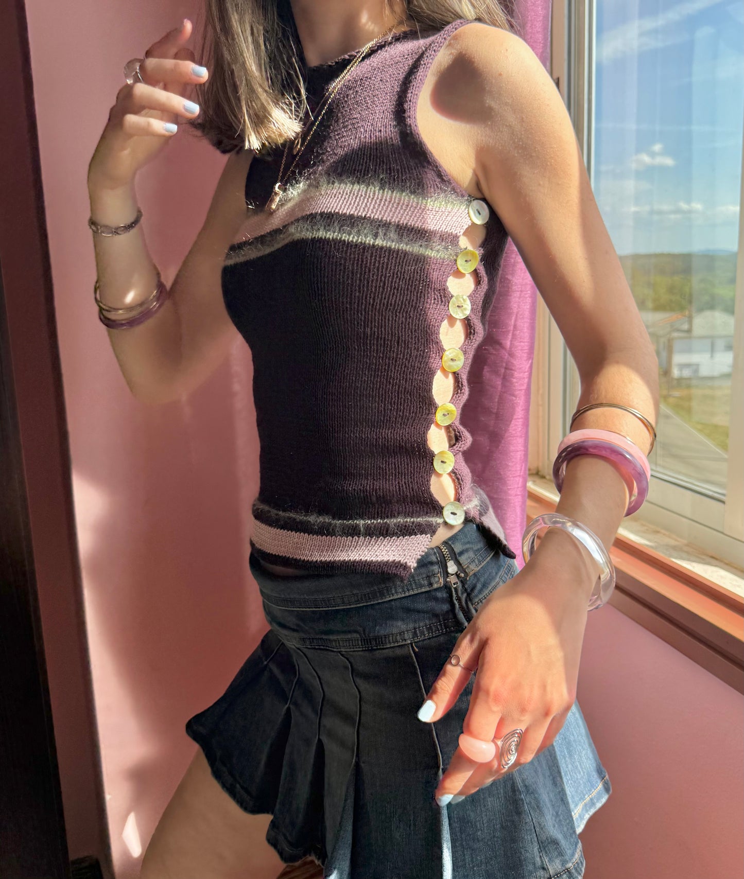 Striped Pearl Vest in plum purple with green mother of pearl buttons (pre made in S)