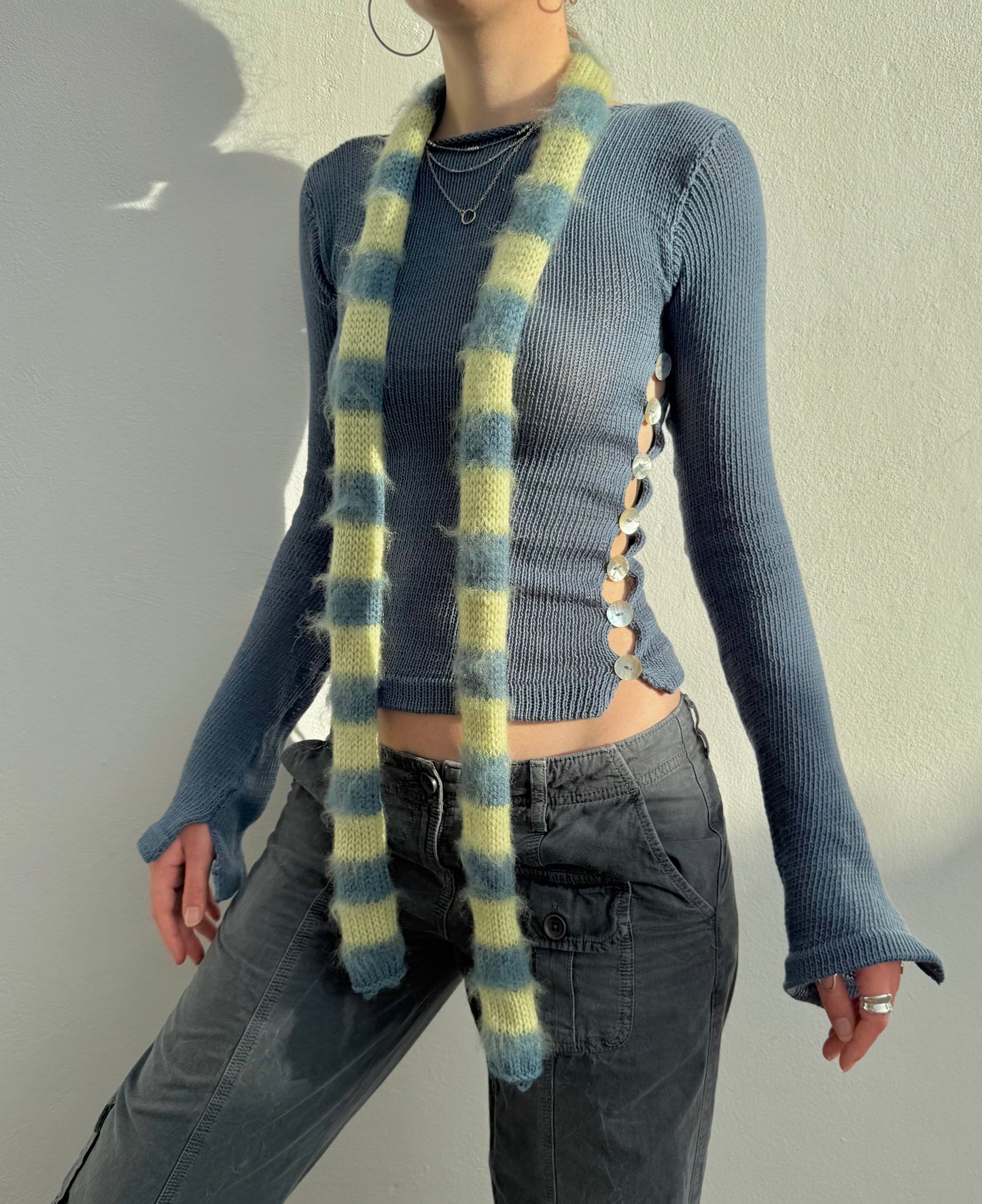 Handmade blue and green mohair striped skinny scarf - pre made