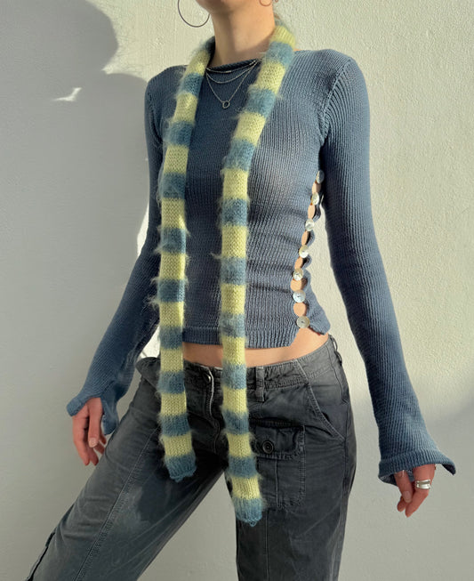 Handmade blue and green mohair striped skinny scarf - pre made