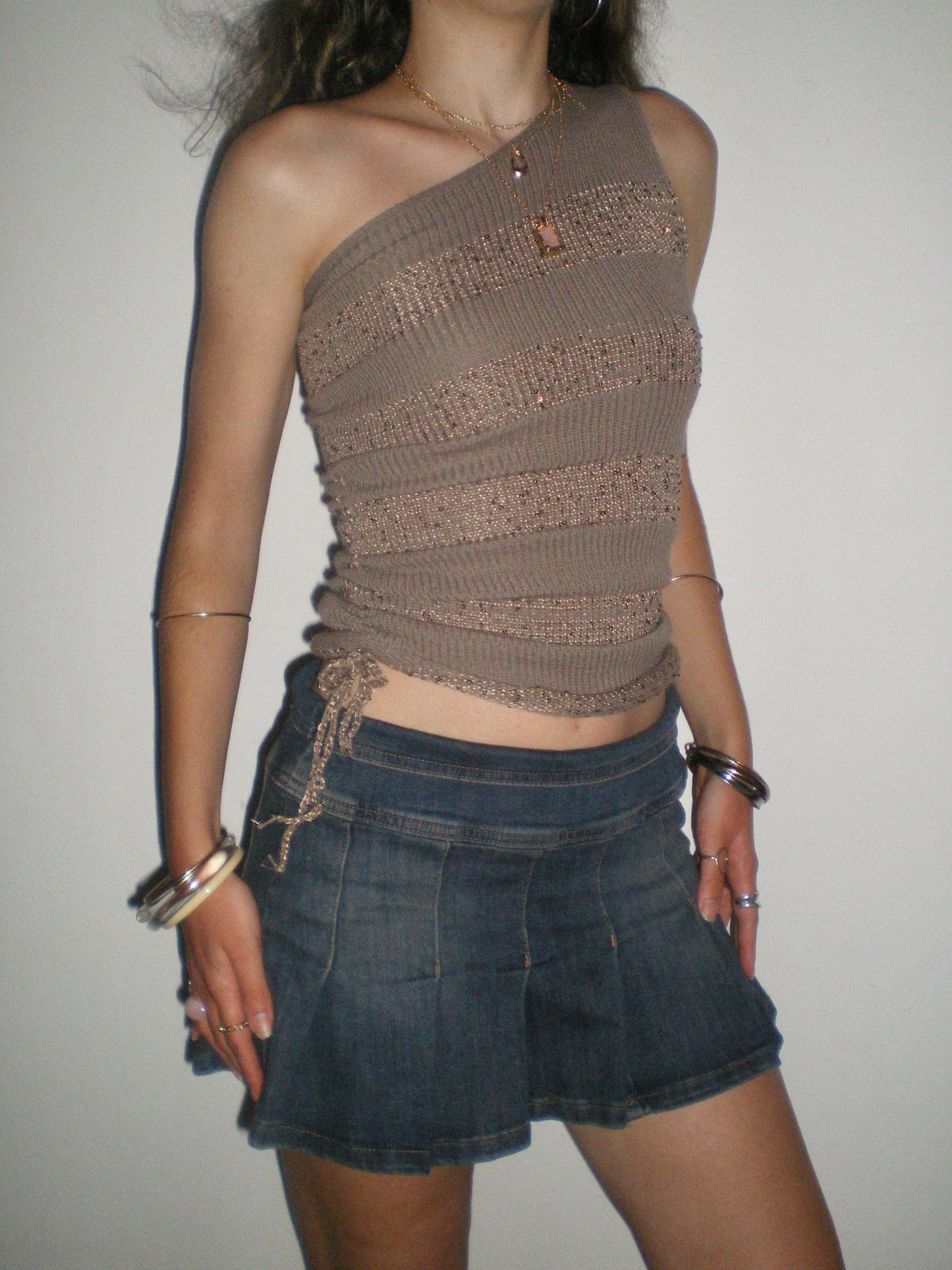 Handmade sparkly draped one shoulder knit top in gold (pre made in XS)