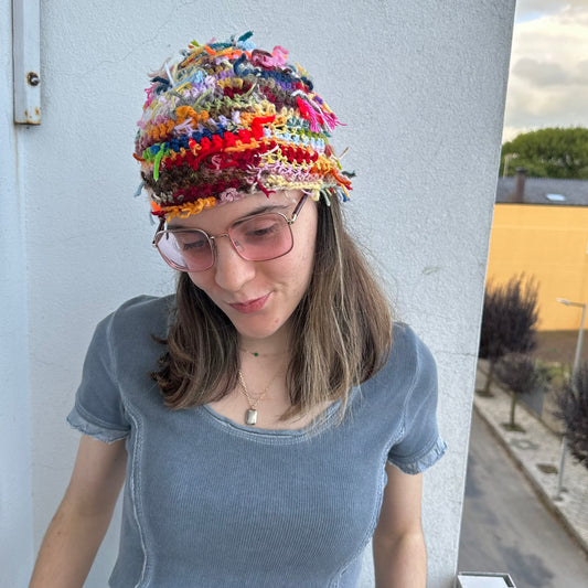 Handmade crochet beanie hat made from leftover scraps of yarn - 1 of 1