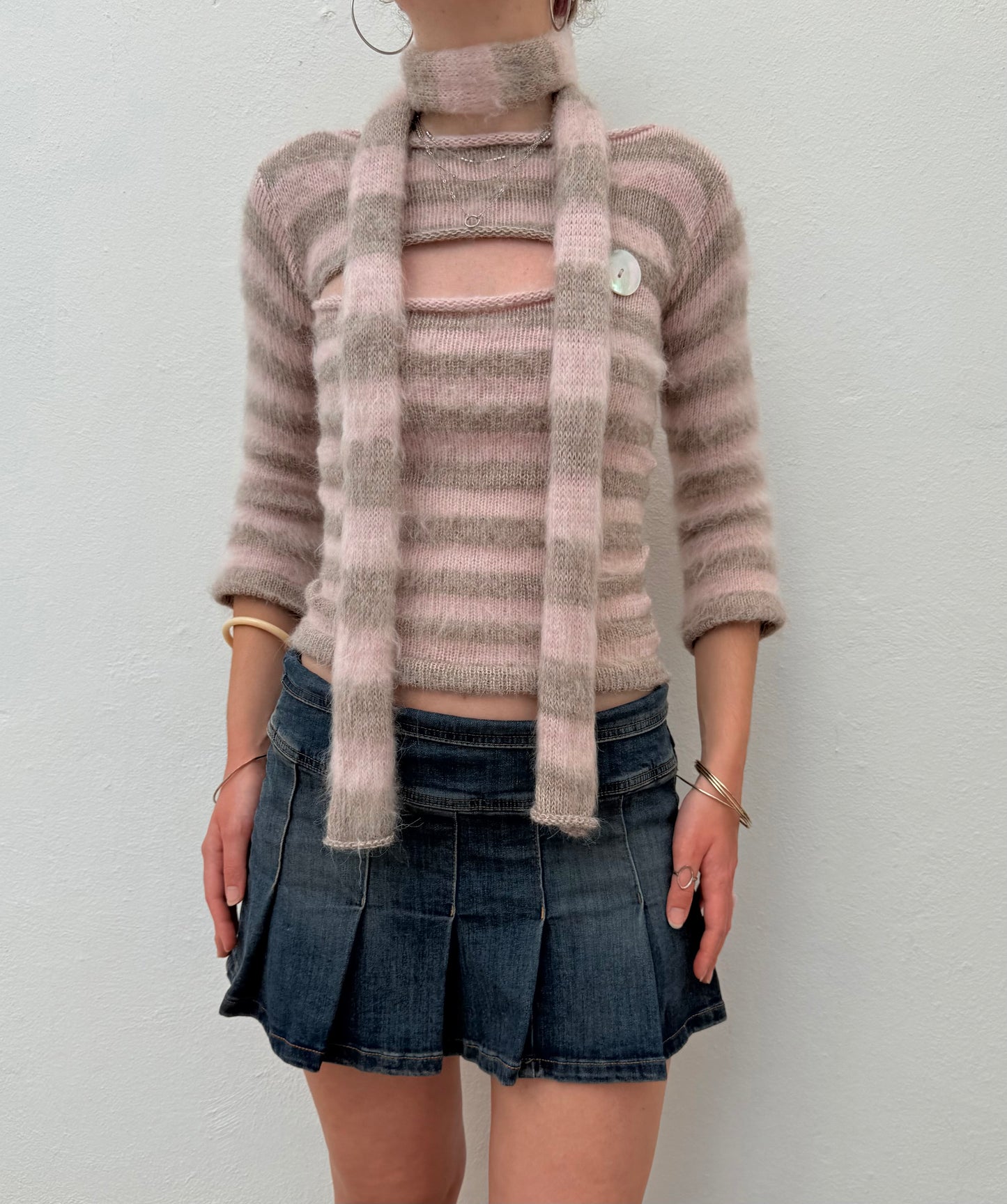 Fluffy striped knit skinny scarf in dusky pink & beige