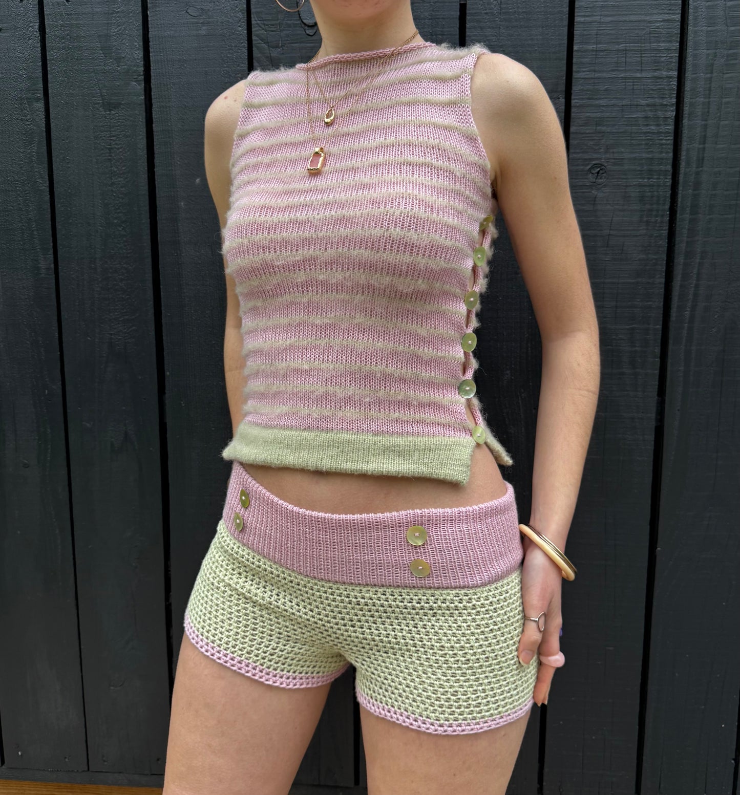 The Blossom Button Shorts 🌸 colour block shorts with mother of pearl buttons