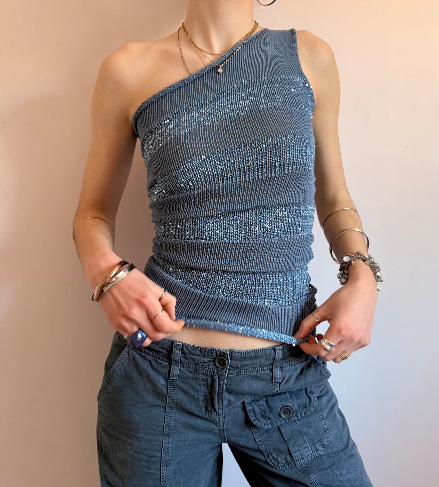 Handmade sequin draped one shoulder knit top in denim blue - cotton