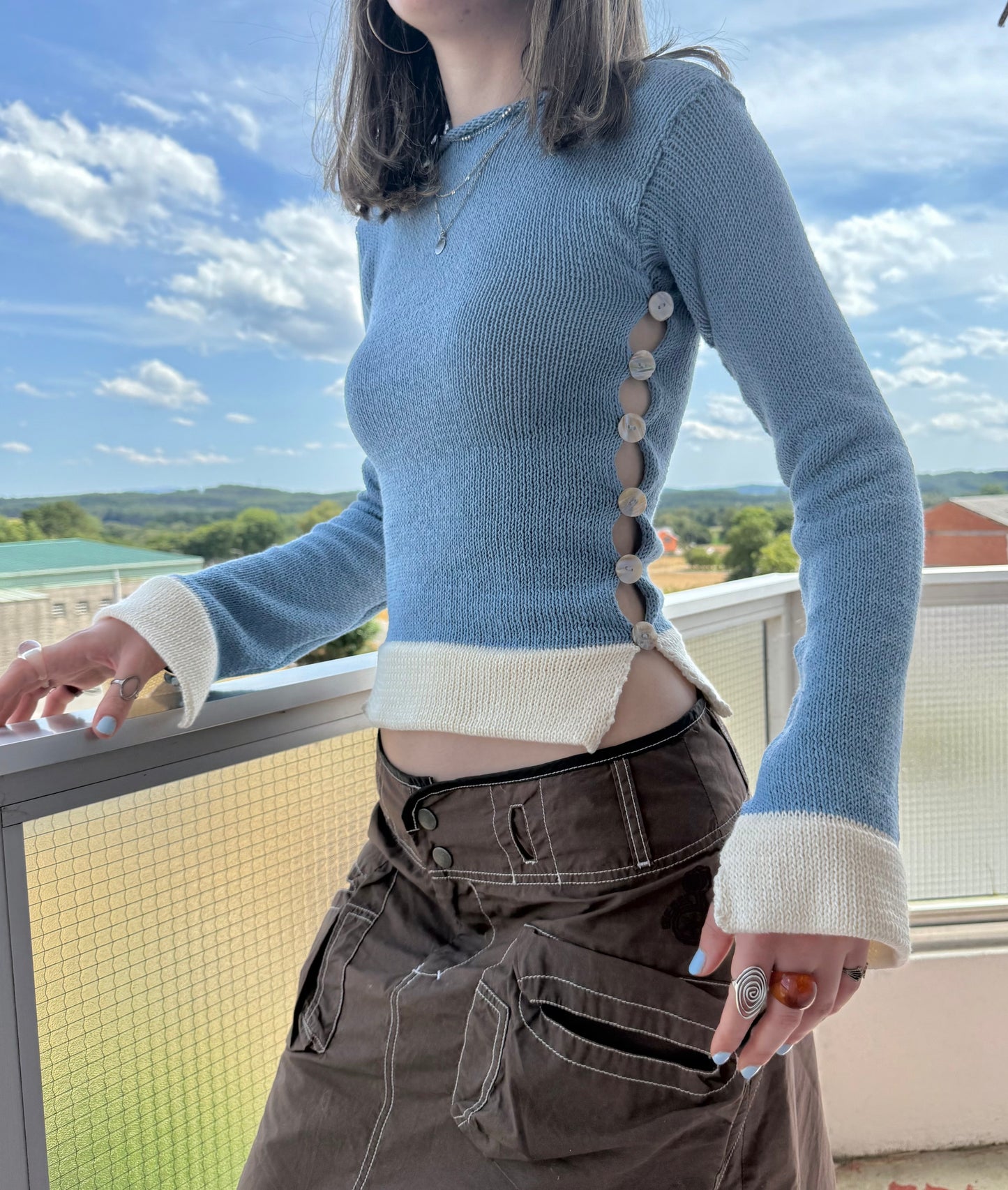 Colour block Pearl long sleeve in dusty blue & cream - 1 of 1 (pre made in S)