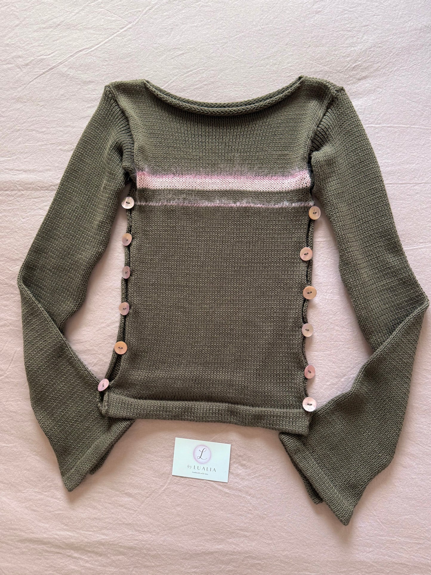 Pearl Long Sleeve in mocha - handmade striped knit jumper with pink mother of pearl buttons