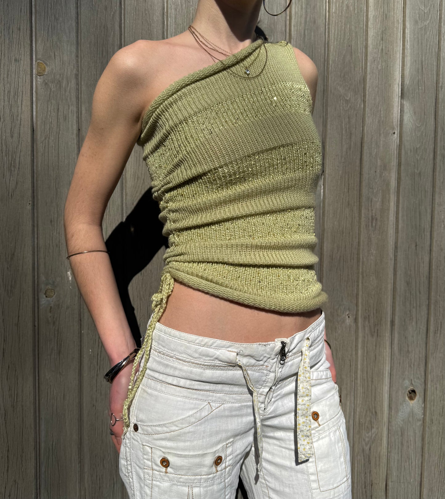 Handmade sparkly draped one shoulder knit top in matcha green