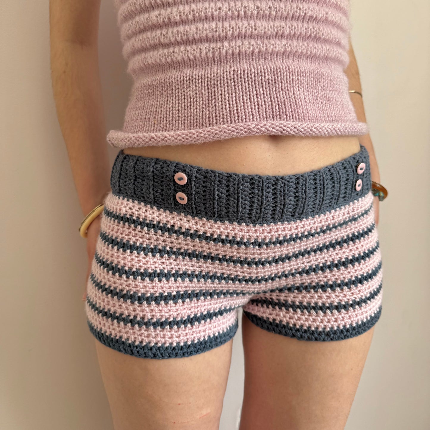 1 of 1 navy & baby pink striped crochet button shorts (pre made in size S)