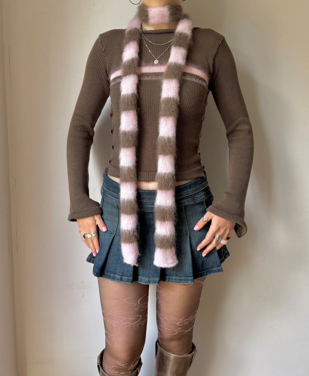 Extra long fluffy striped scarf - Pink & Brown (pre made in skinny width) 🌸🤎