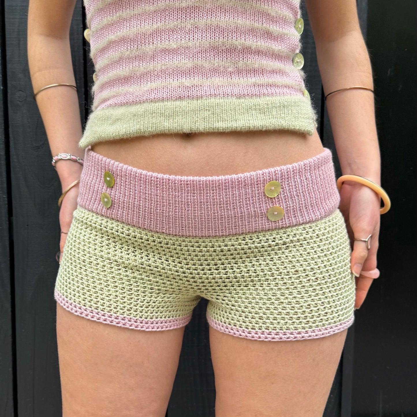 The Blossom Button Shorts 🌸 colour block shorts with mother of pearl buttons