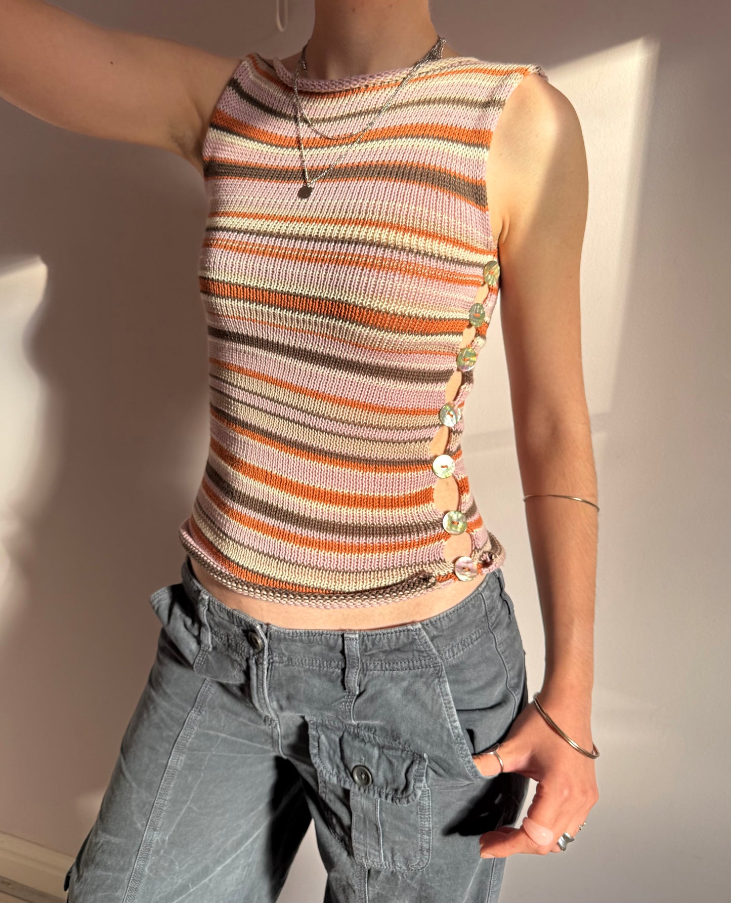 Handmade retro striped Pearl Vest with abalone shell buttons  (pre made in size S).