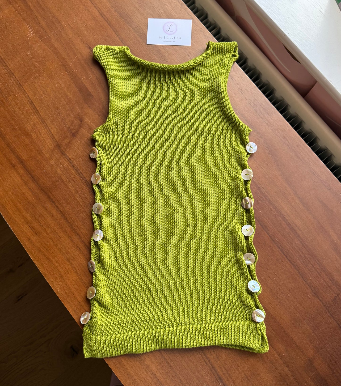 The Pearl Vest in lime green - with mother of pearl buttons