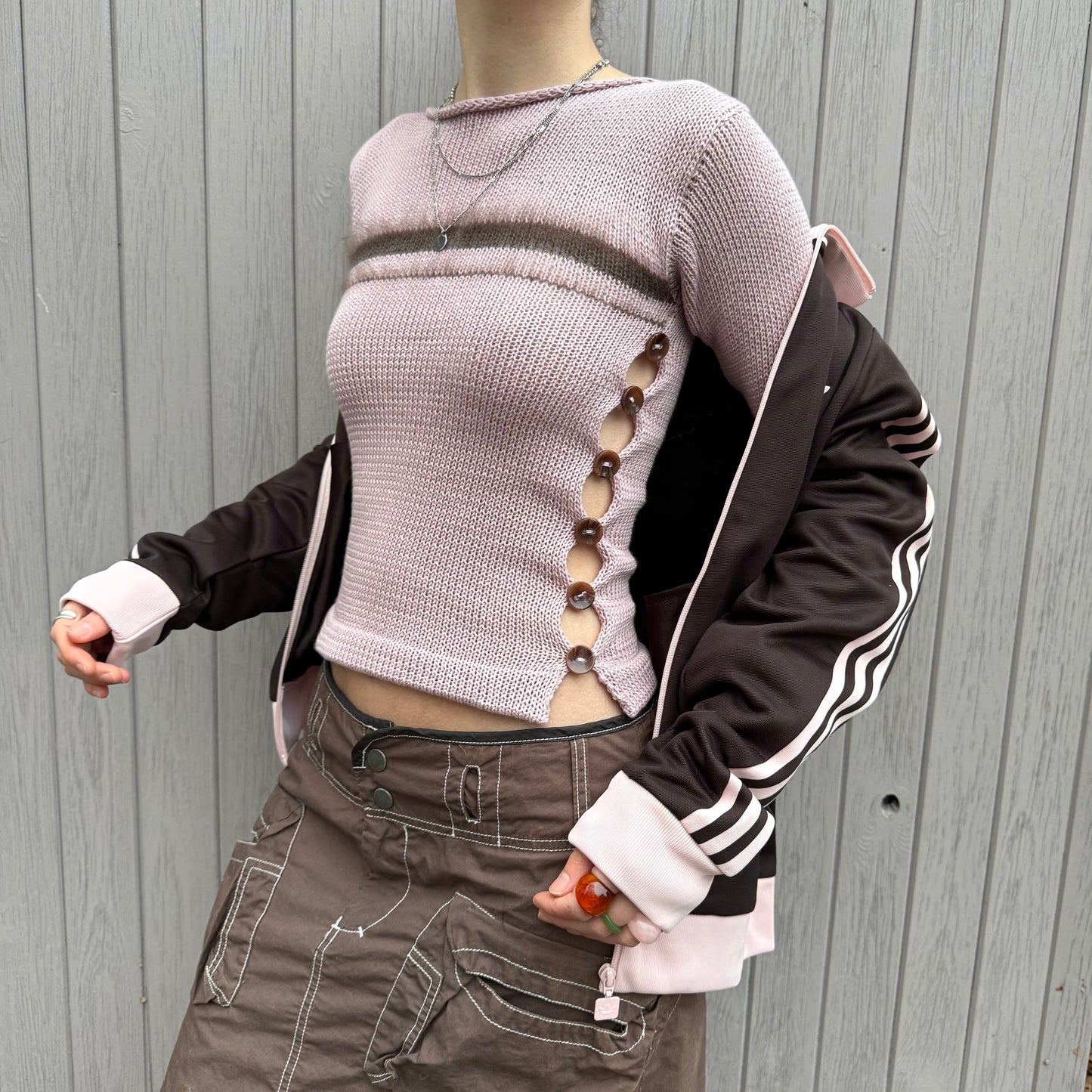 Pearl Long Sleeve in dusky pink & brown - handmade striped knit jumper with buttons