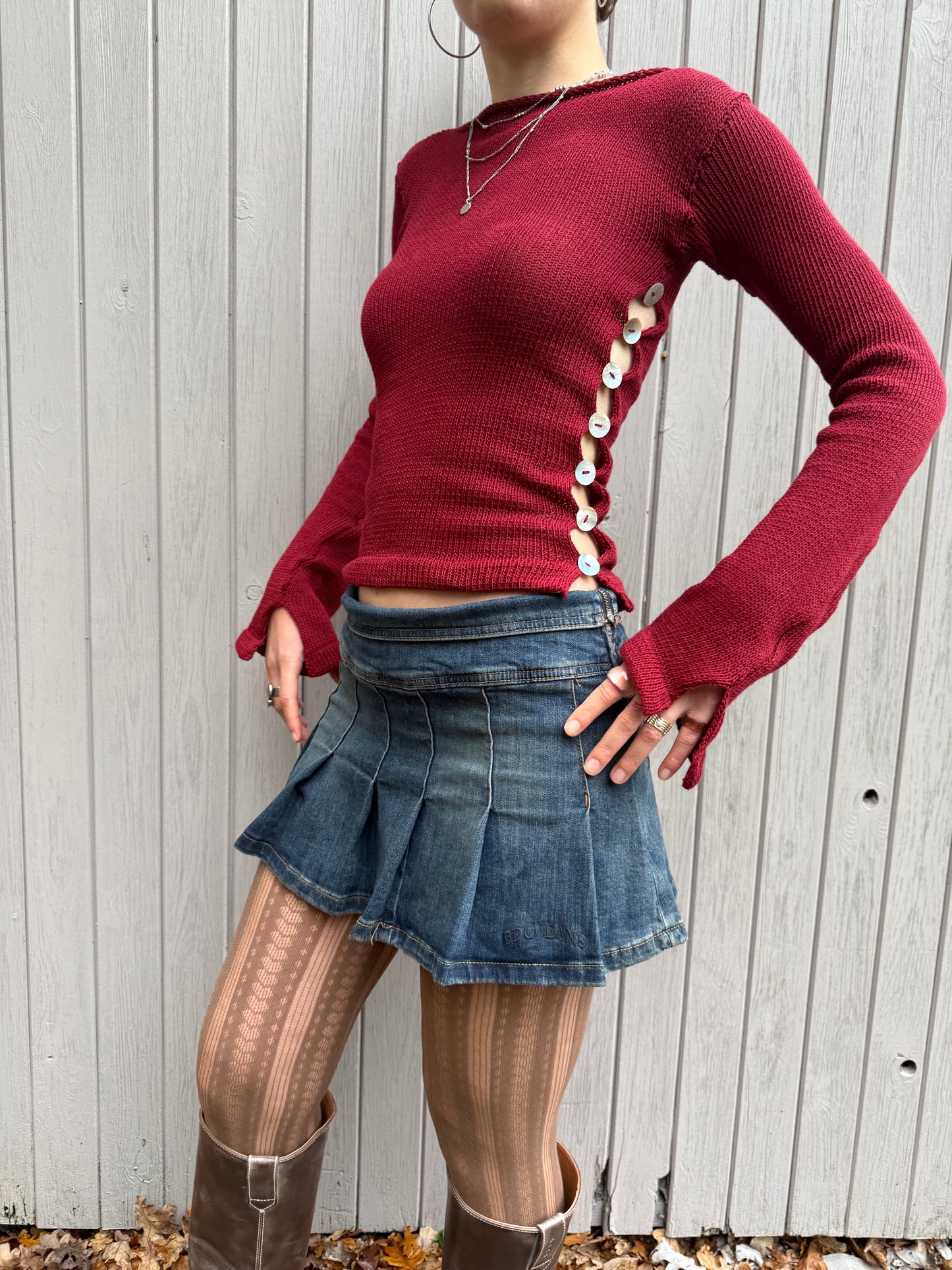 Pearl Long Sleeve in cherry red - handmade knit jumper with mother of pearl buttons