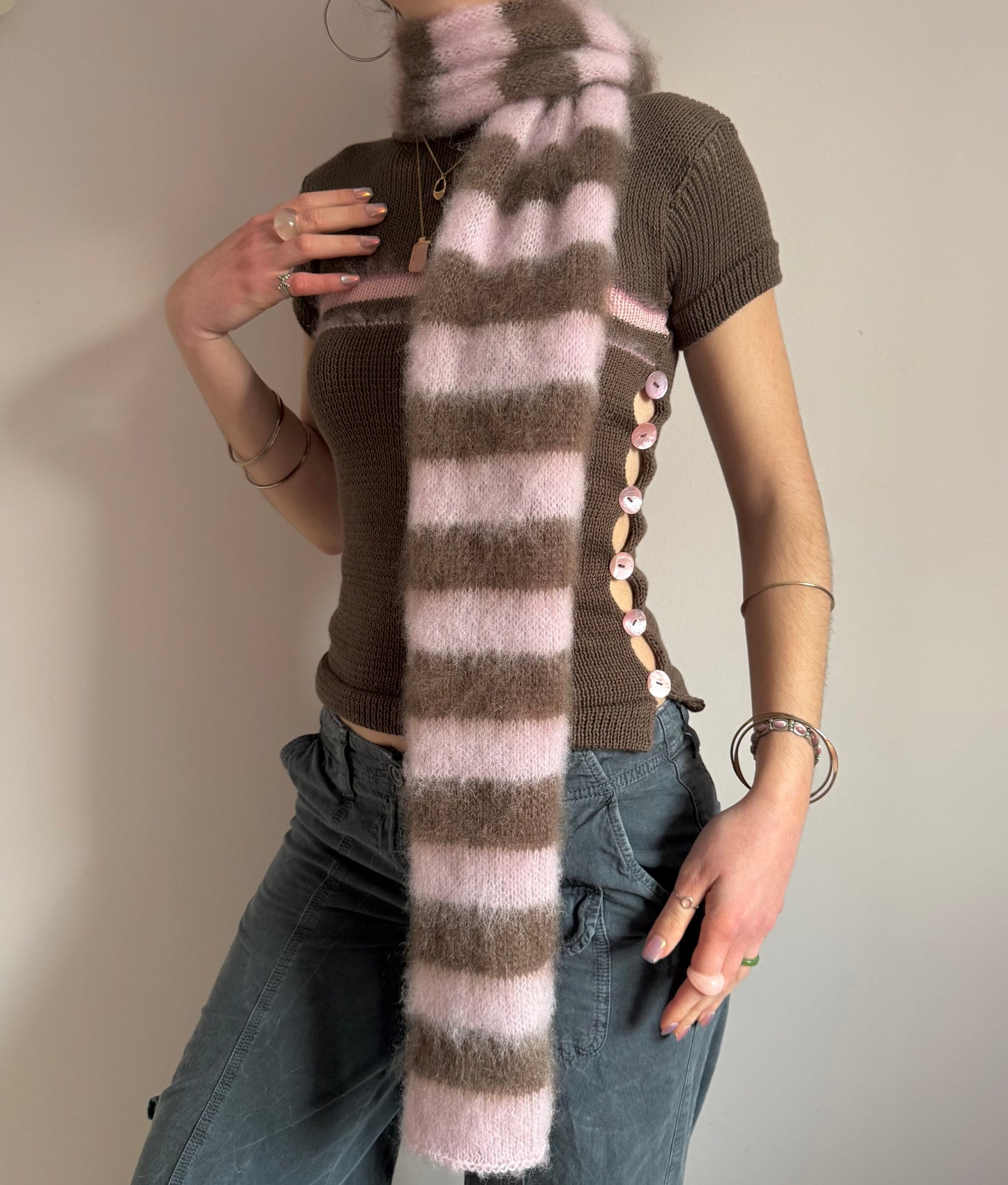 Pearl Tee in mocha - handmade striped knit tee with pink mother of pearl buttons
