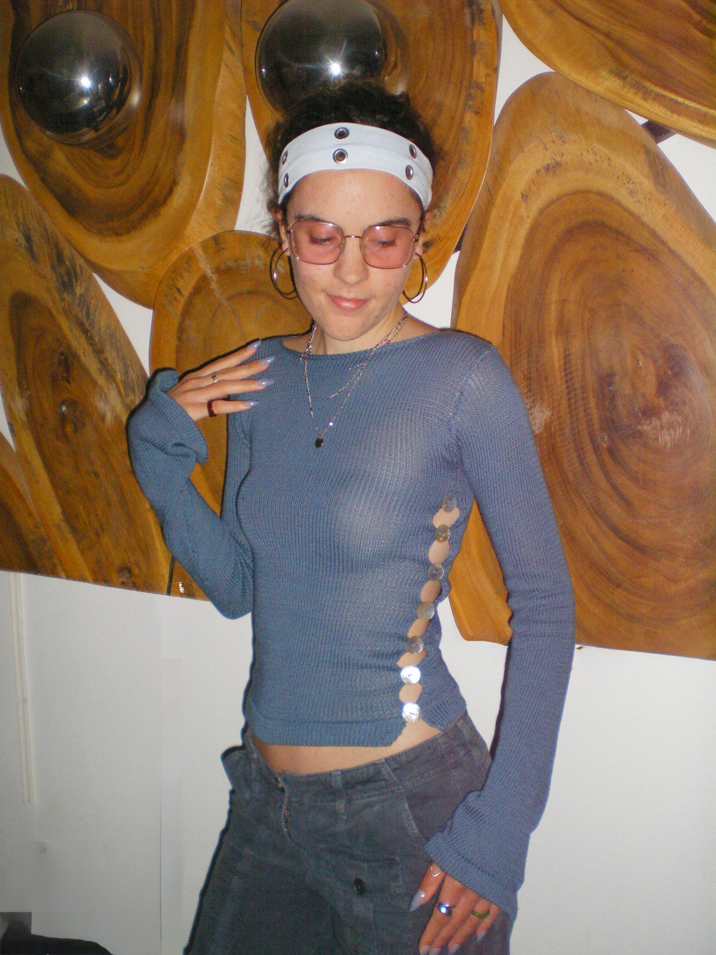 Pearl Long Sleeve in denim blue - handmade knit jumper with mother of pearl buttons