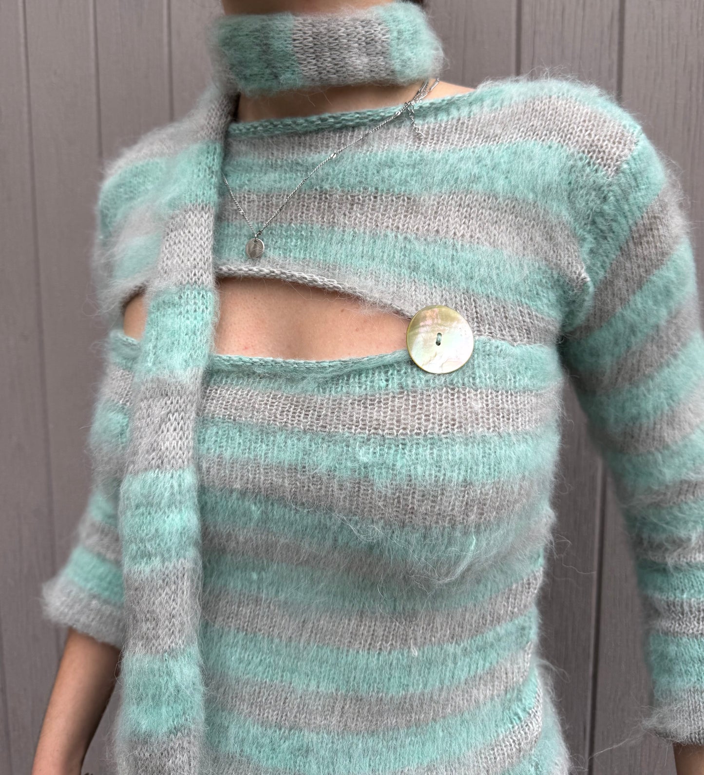 Fluffy striped knit skinny scarf in aqua & grey - pre made