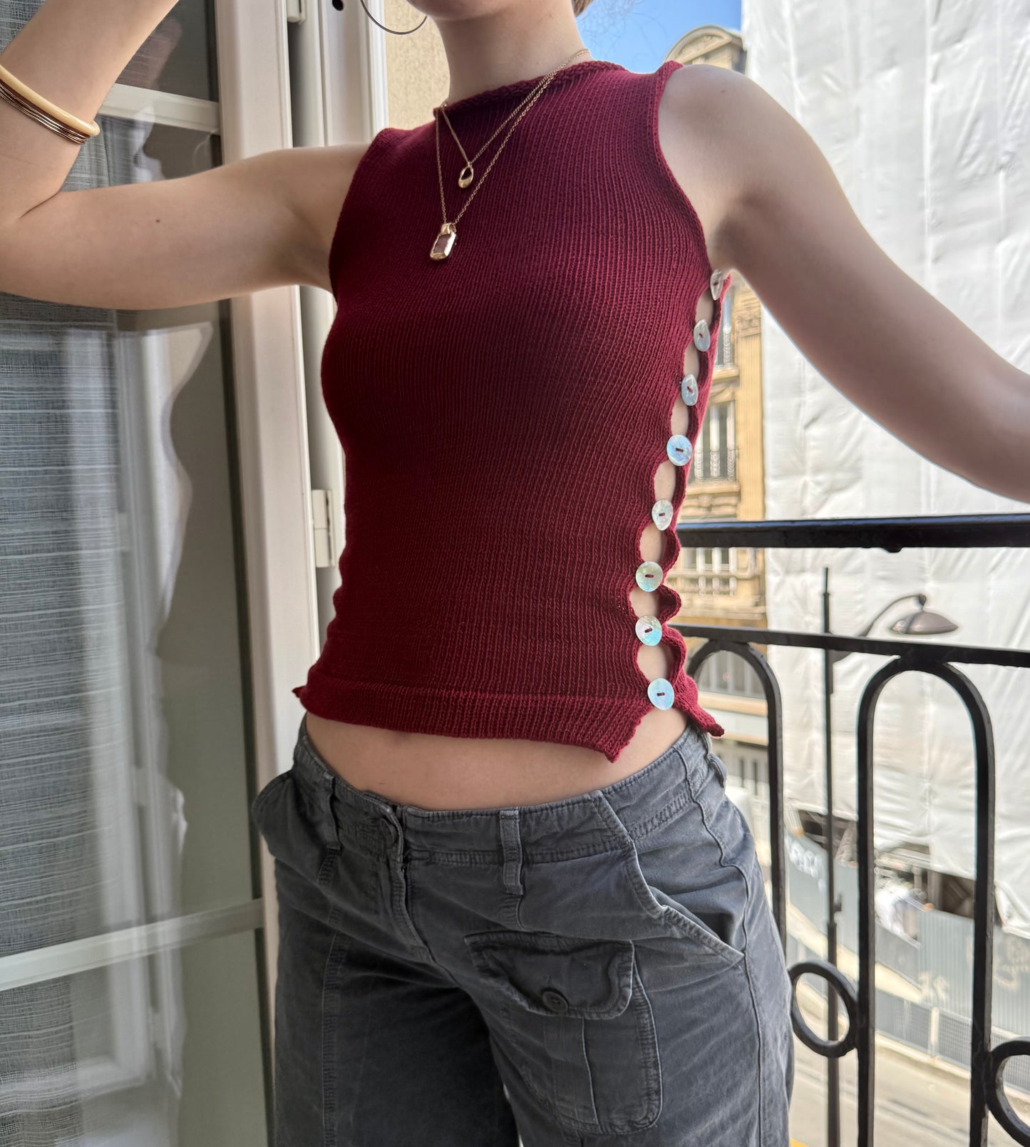The Pearl Vest in cherry red - choose from 2 design options