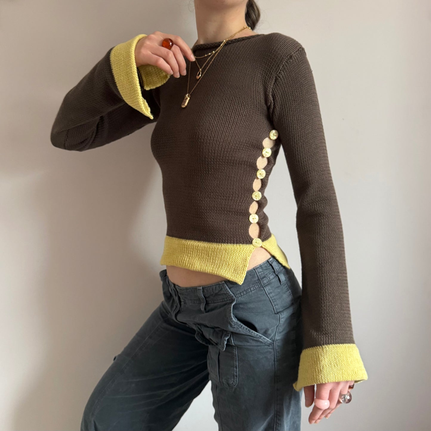 Colour block Pearl long sleeve in mocha & yellow