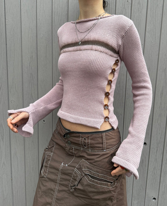 Pearl Long Sleeve in dusky pink & brown - handmade striped knit jumper with buttons