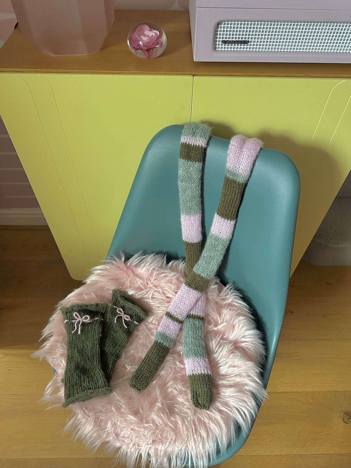 Handmade knitted baby pink, khaki and sage green striped skinny scarf - extra long