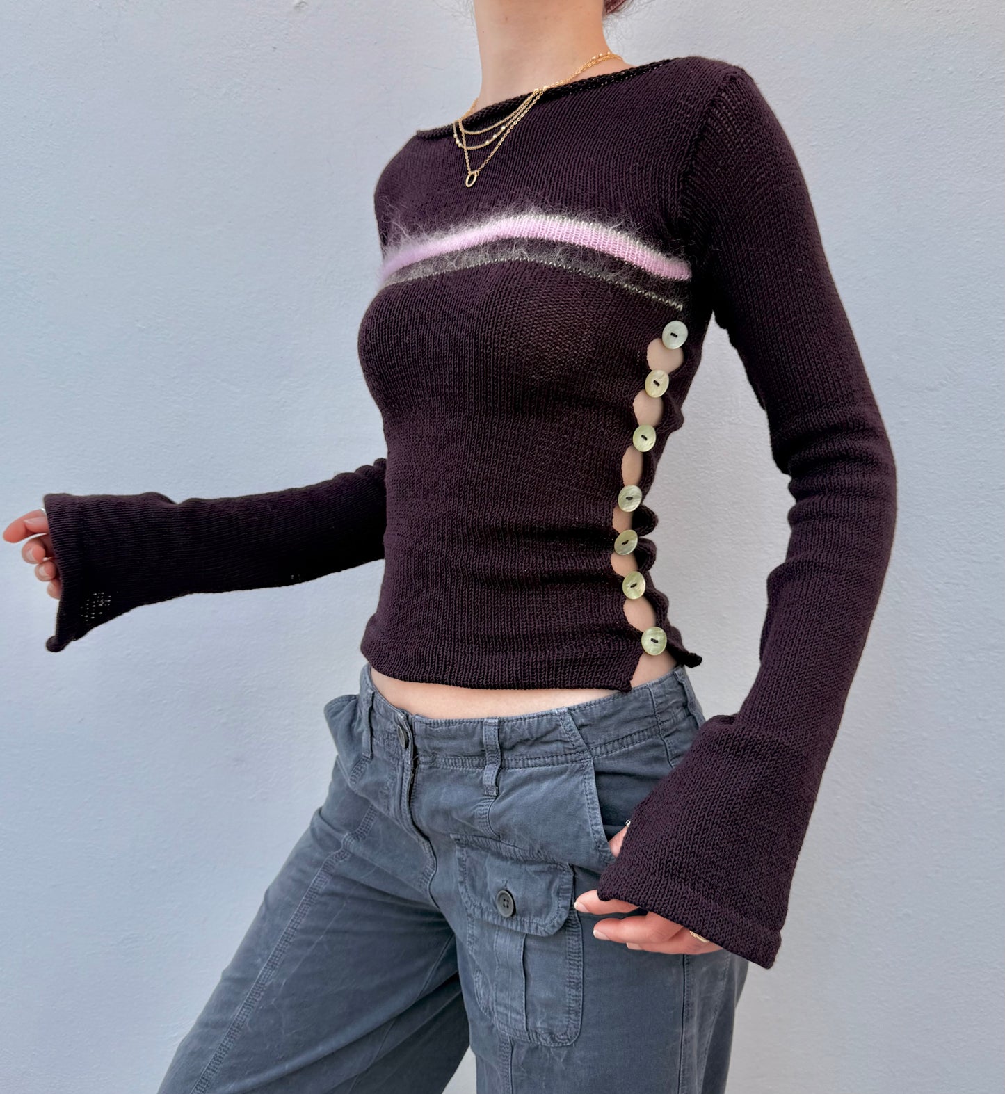 Pearl Long Sleeve in plum purple - handmade striped knit jumper with green mother of pearl buttons