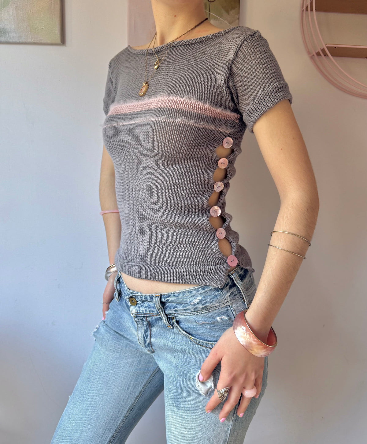 Pearl Tee in Grey & Pink (pre made in S)