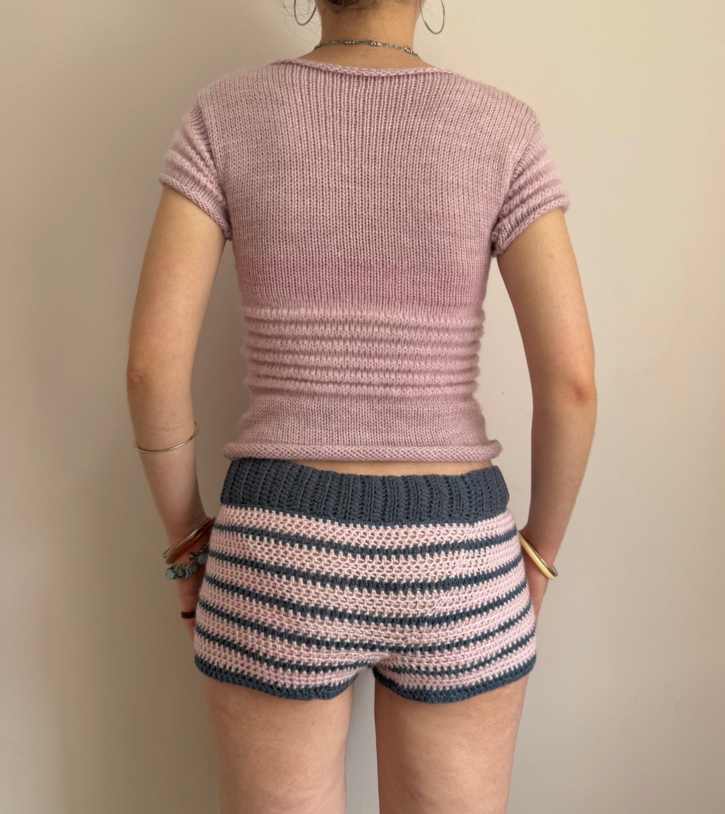 1 of 1 navy & baby pink striped crochet button shorts (pre made in size S)